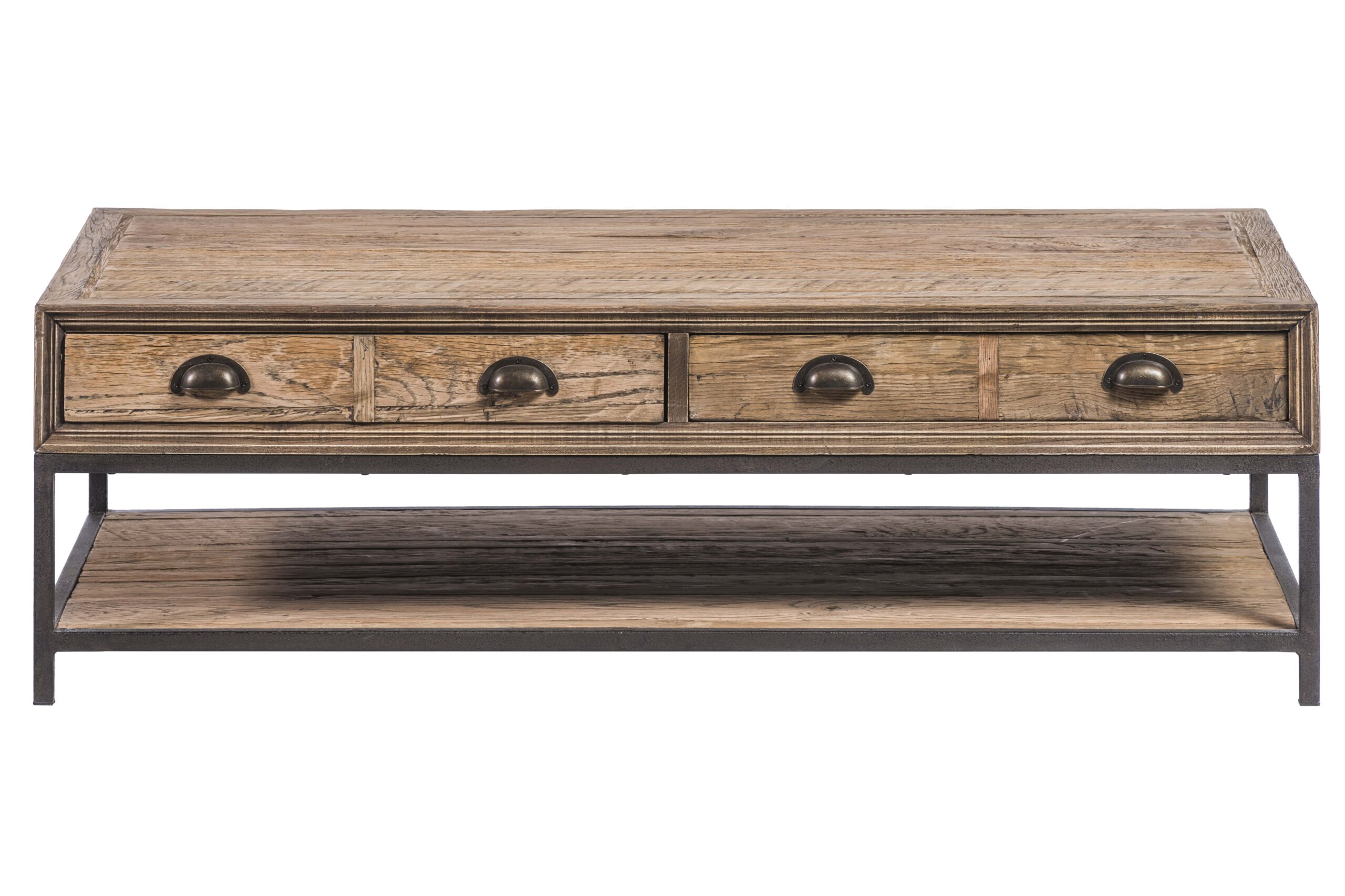 table basse de salon style industriel bois chêne brut massif métal acier gris