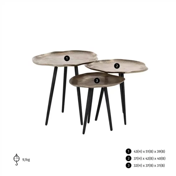 dimensions 3 tables basses appoint en métal aluminium or doré gold noir