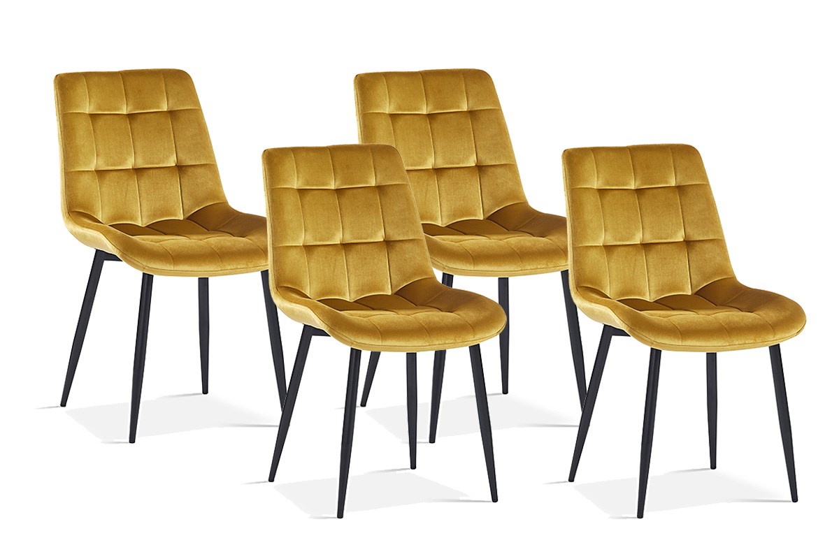 4 chaises capitonnées en velours or jaune ocre pieds noir