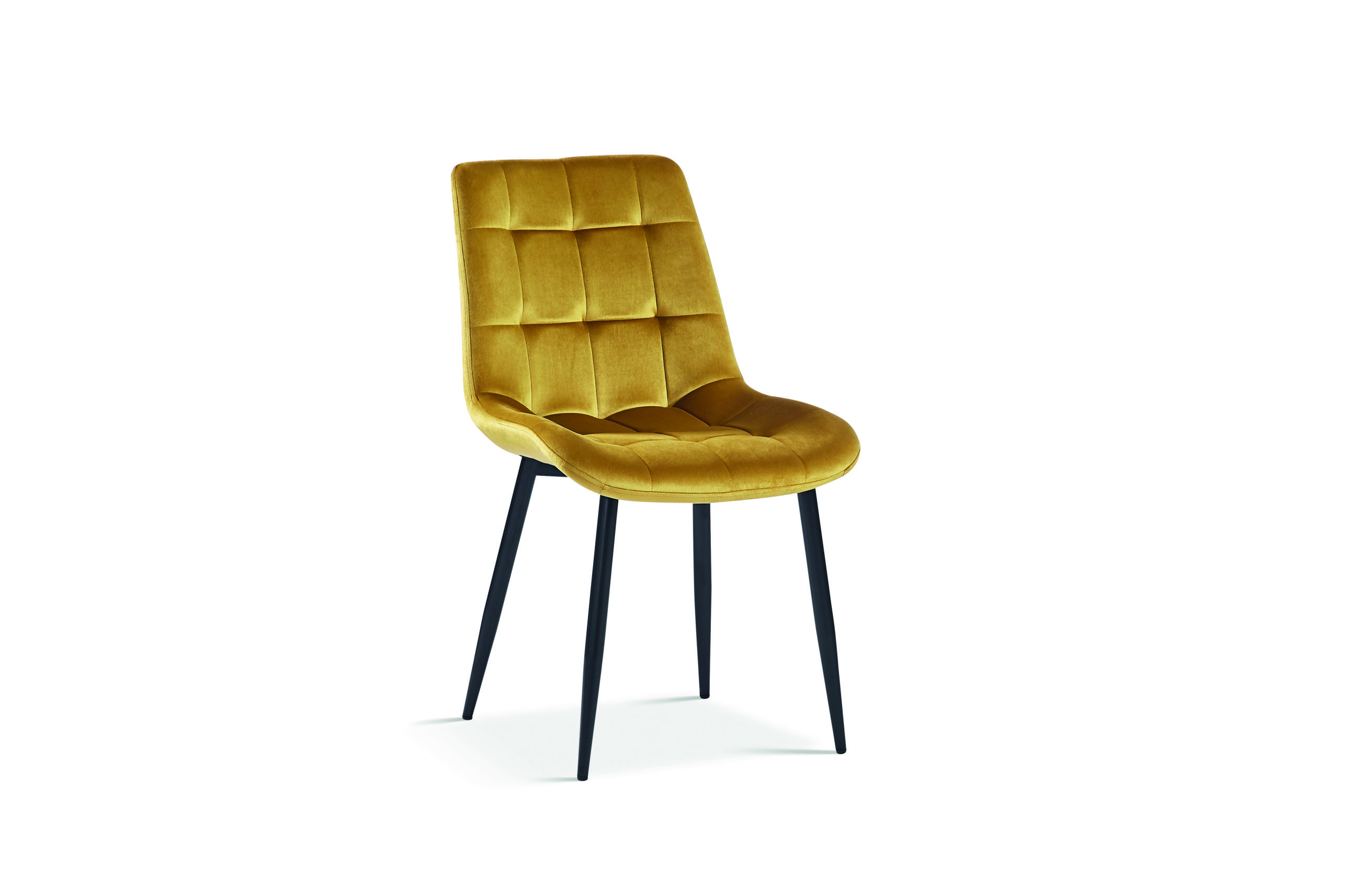Chaise jaune or ocre moderne confortable en velours capitonné pieds métal noirs
