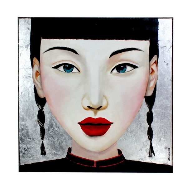 Tableau ying cadre original portrait Peinture sur toile femme chinoise asiatique visage fond argent cadre noir