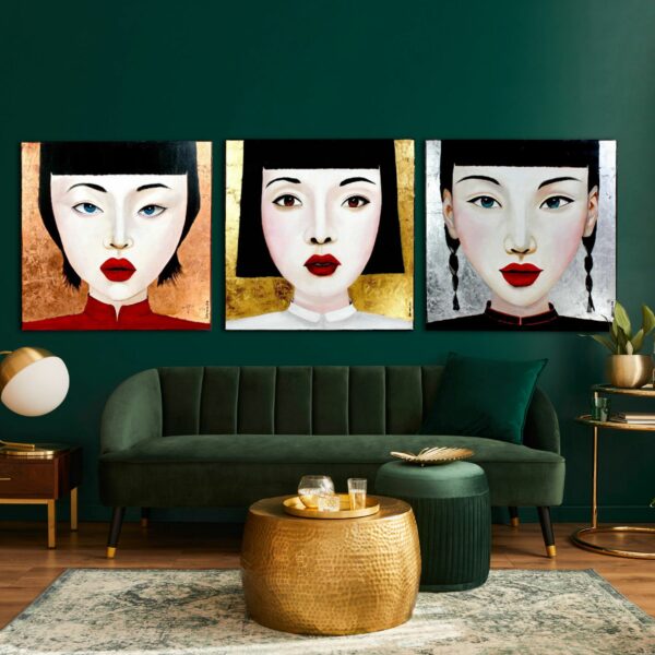 Tableaux 3 portraits femmes asiatiques chinoises : CHEN LU / JING JING et YING - peinture acrylique Wernervoss