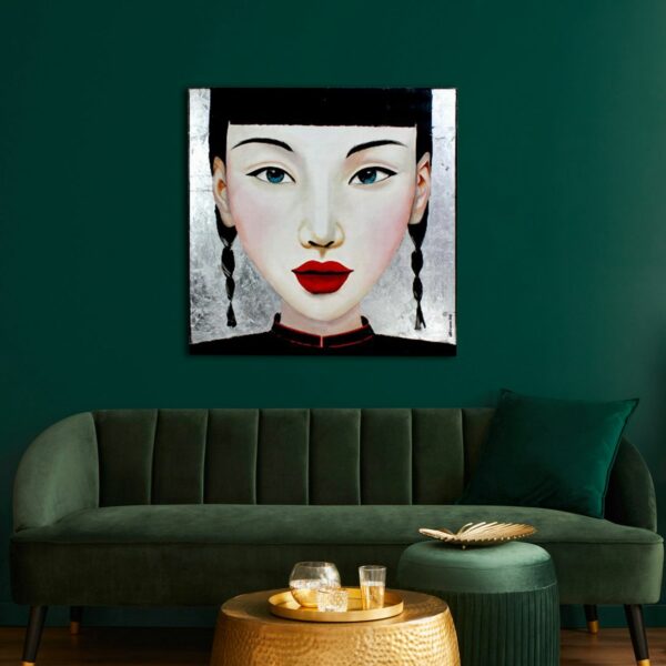Tableau cadre original portrait Peinture sur toile femme chinoise asiatique visage fond argent cadre noir