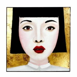 Tableau portrait JING JING - Peinture sur toile portrait femme asiatique chinoise fond or cadre noir