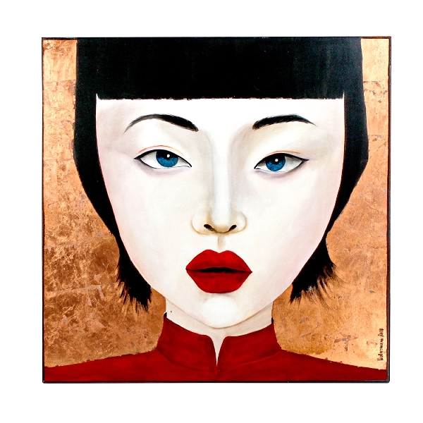 Tableau portrait CHEN LU wernervoss Peinture sur toile portrait femme asiatique chinoise fond or bronze cadre noir