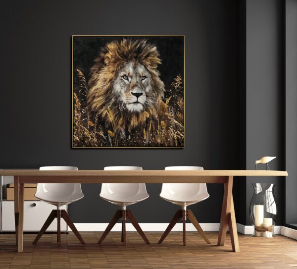 tableau cadre peinture portrait tête de lion or noir