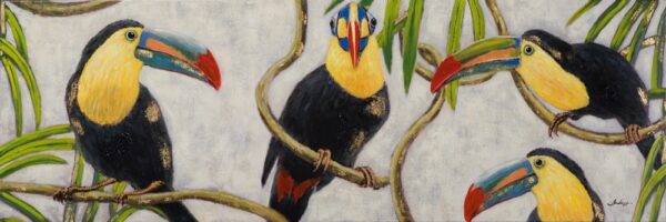 Tableau toucans colorés, grande peinture sur toile horizontale 150cm