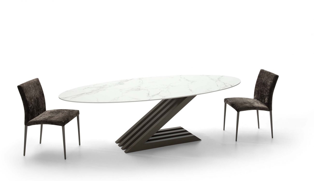 Table salle à manger ovale céramique, dekton pied original atypique en forme de Z en métal design haut de gamme de qualité