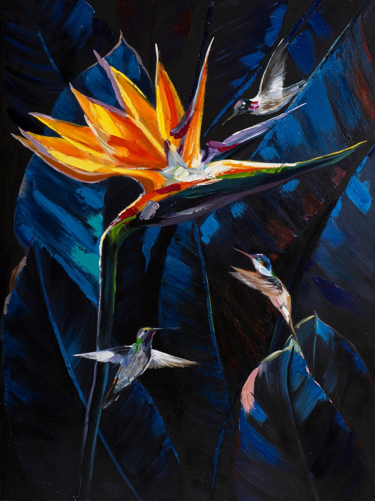 Tableau peinture décoration murale fleur exotique strelitzia oiseau de paradis orange sur fond bleu.