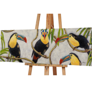 Tableau toucans colorés, grande peinture sur toile horizontale 150cm