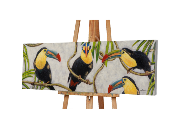 Tableau toucans colorés, grande peinture sur toile horizontale 150cm