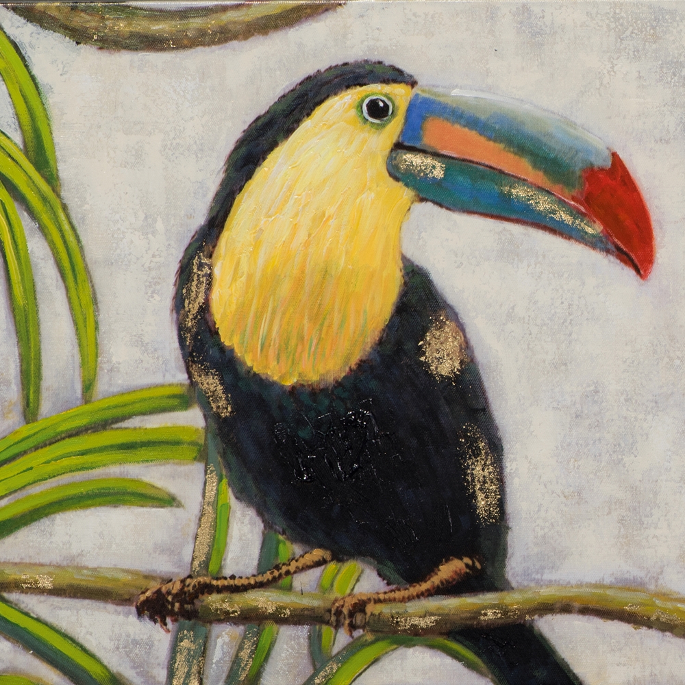 Peinture oiseau tableau toucan coloré, déco murale avec couleurs jaune noir bleu vert