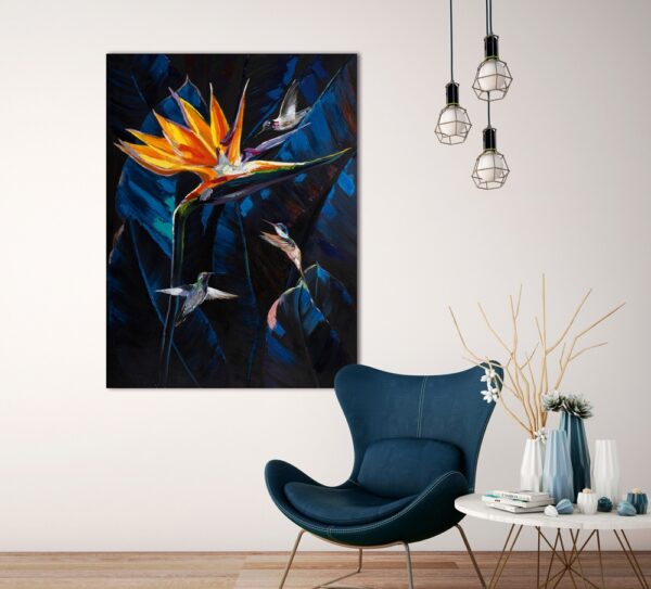 Tableau fleur oiseau de paradis orange sur fond bleu