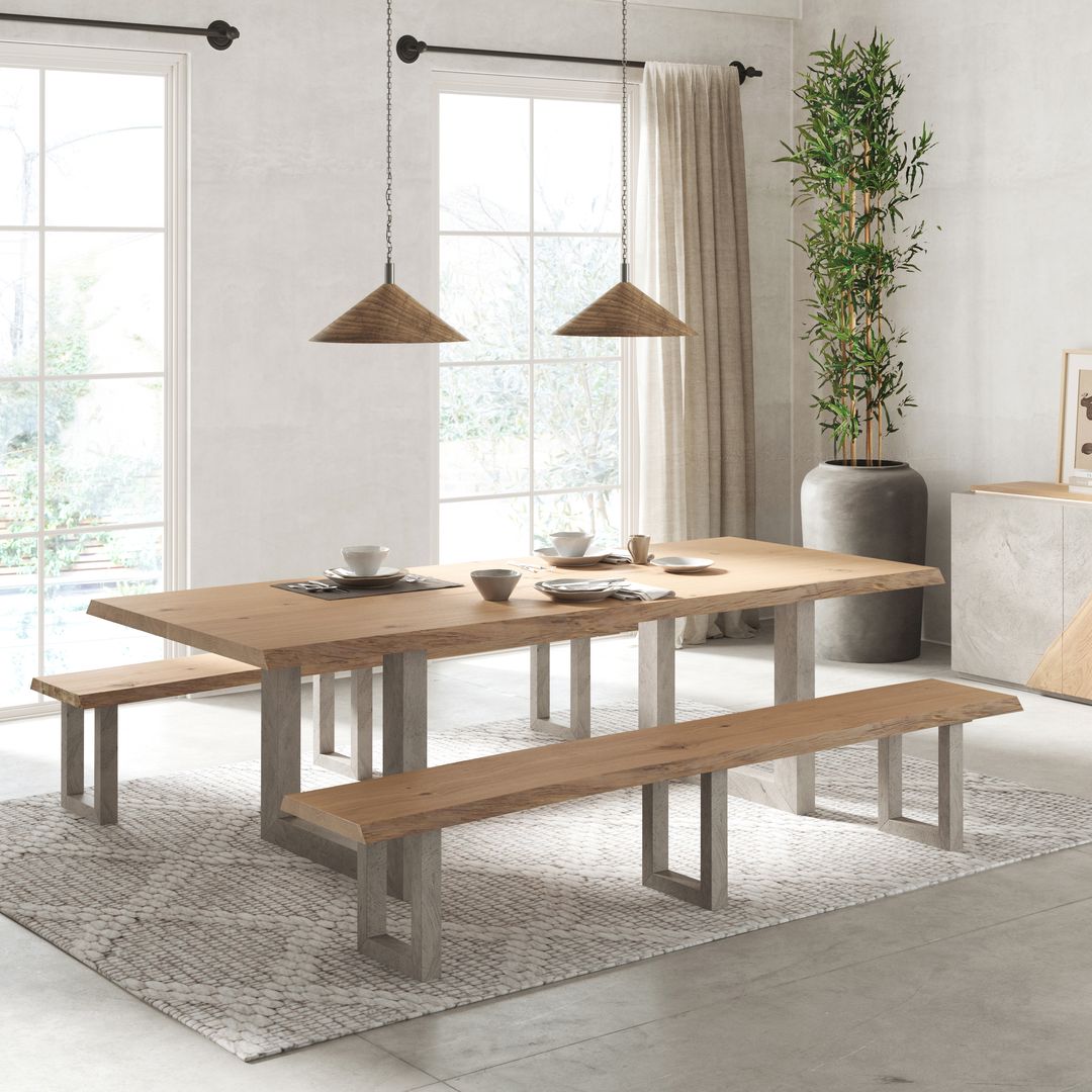 meubles, table, bancs, bahut en bois et béton gris clair