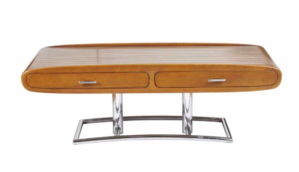 table basse riviera style vintage mobilier de bateau en bois hévéa teinte noyer et inox argent chromé