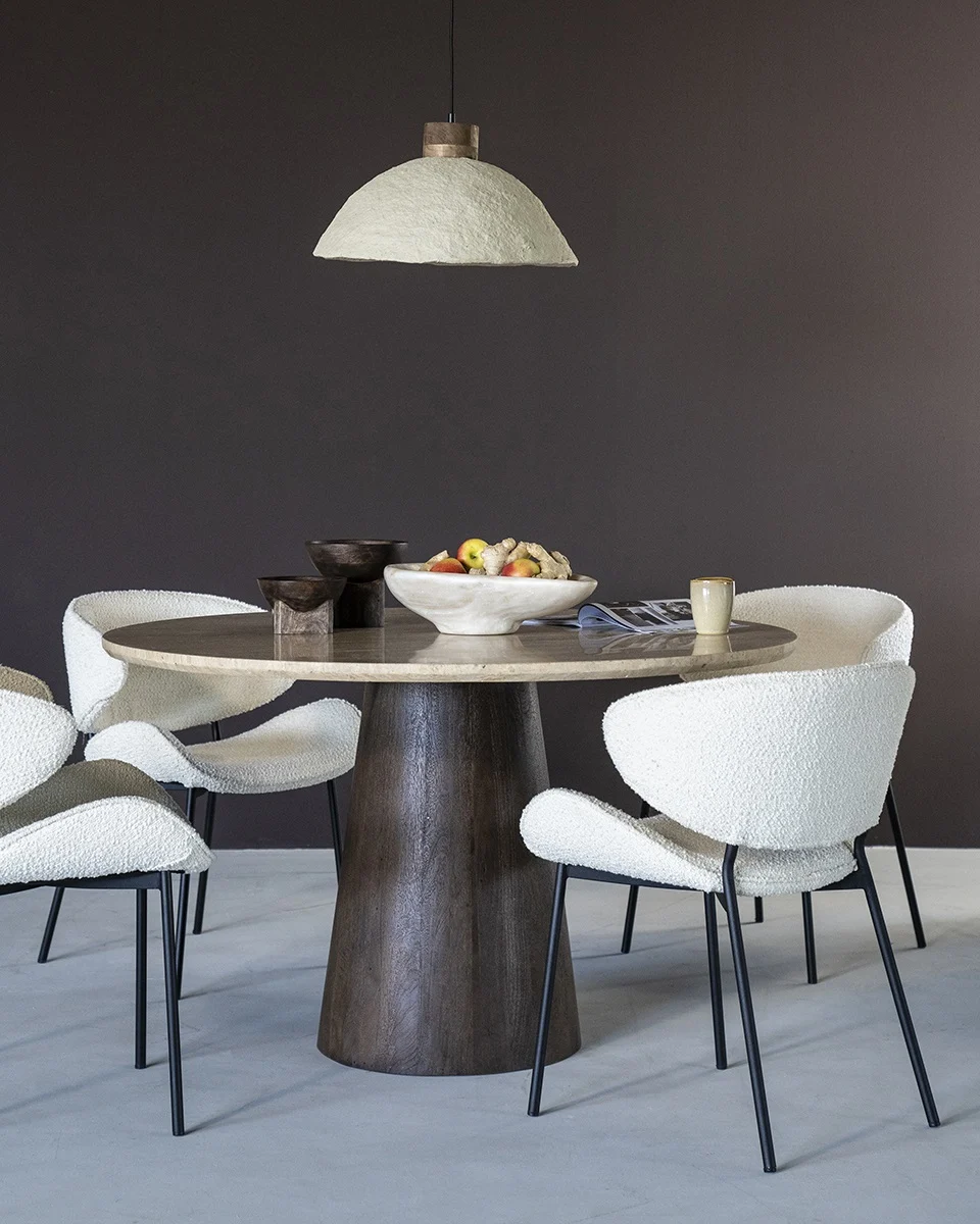 table de salle à manger ronde travertin et bois marron