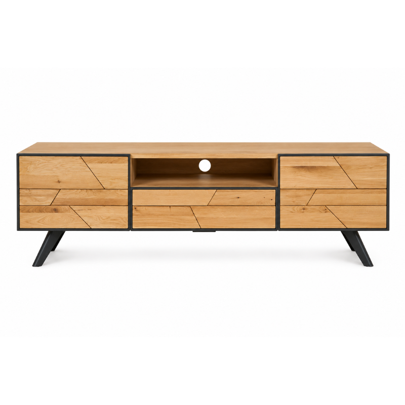 Meuble TV de la collection CAPLA en chêne massif avec 2 portes battantes, un tiroir, et une niche