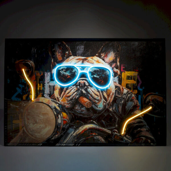 Tableau avec led intégrée bulldog qui fume le cigare, cadre noir. Original et moderne