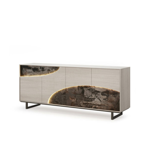CAPRI : Enfilade 4 portes en chêne et céramique. Les contours de céramiques sont marqués d'une LED. Pieds en métal laqué noir.