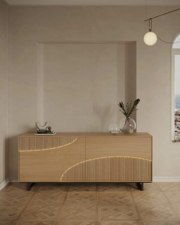 CAPRI : Enfilade 2 portes coplanaires en chêne et céramique. Les contours de céramiques sont marqués d'une LED. Pieds en métal laqué noir.