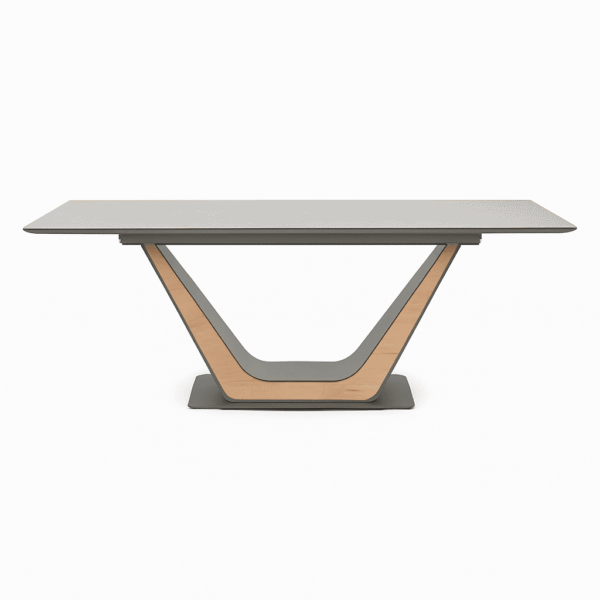 COMET - Table extensible en céramique avec incrustation de chêne dans le piétement métallique. Céramique au choix