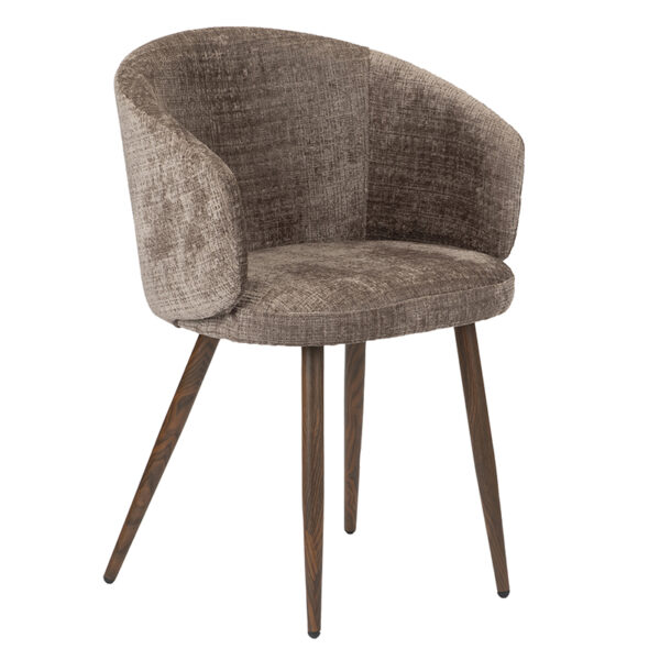Chaise fauteuil avec pied en acier imitation bois de noyer. Assise, dossier, et accoudoirs en tissu coloris taupe