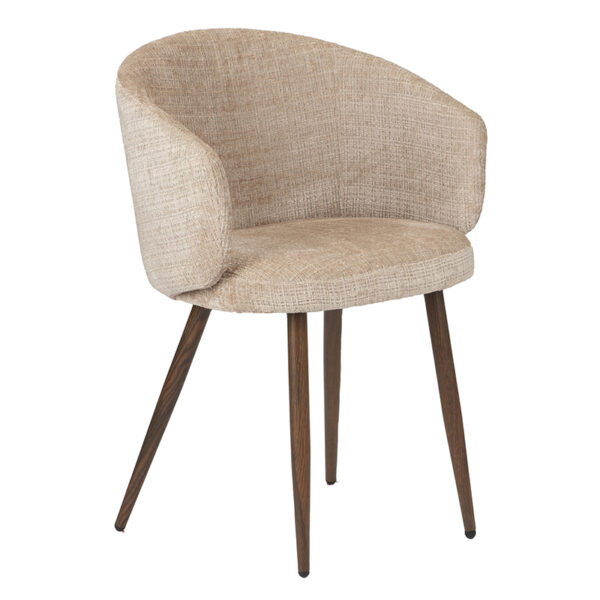 Chaise fauteuil avec pied en acier imitation bois de noyer. Assise, dossier, et accoudoirs en tissu coloris beige / crème