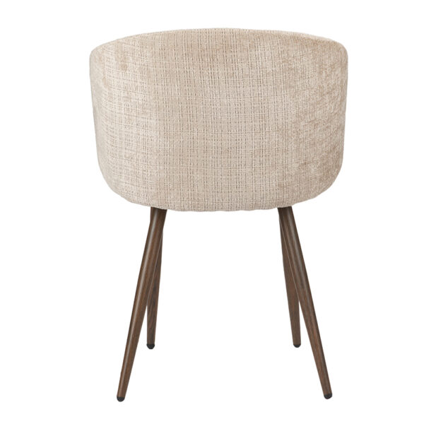 Chaise fauteuil avec pied en acier imitation bois de noyer. Assise, dossier, et accoudoirs en tissu coloris beige / crème