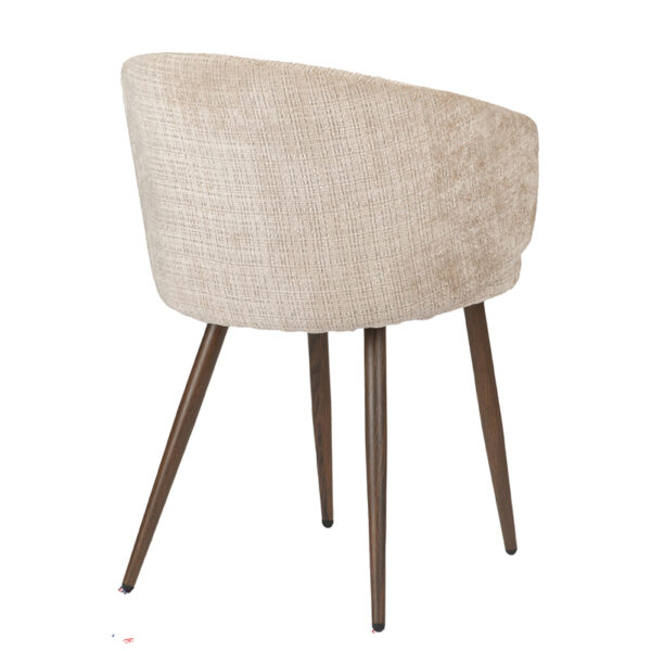 Chaise fauteuil avec pied en acier imitation bois de noyer. Assise, dossier, et accoudoirs en tissu coloris beige / crème