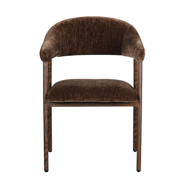 Chaise avec pied en acier effet chêne fumé. Assise et dossier en tissu coloris marron offrant un bon confort