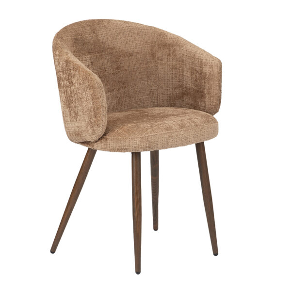 Chaise fauteuil avec pied en acier imitation bois de noyer. Assise, dossier, et accoudoirs en tissu coloris caramel