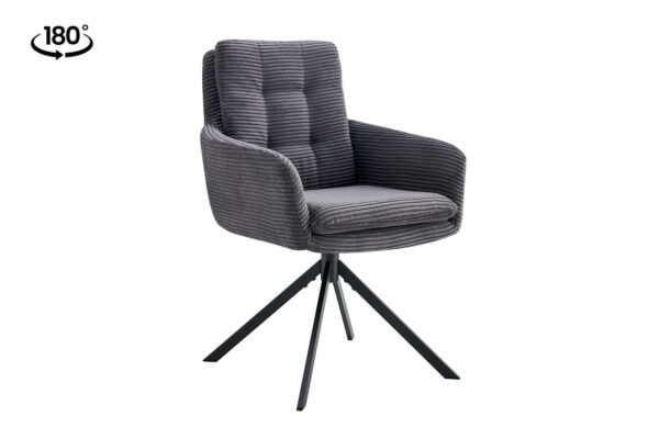 Chaise pivotante avec pied en metal laqué noir. Assise en velours côtelé gris
