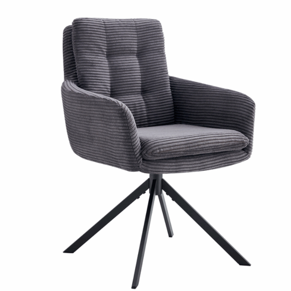 Chaise pivotante avec pied en metal laqué noir. Assise en velours côtelé gris