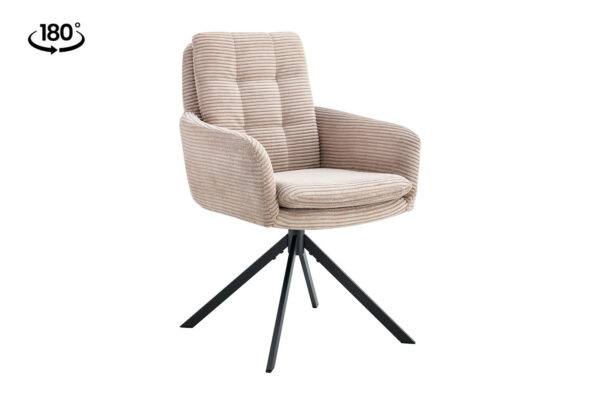 Chaise pivotante avec pied en metal laqué noir. Assise en velours côtelé beige