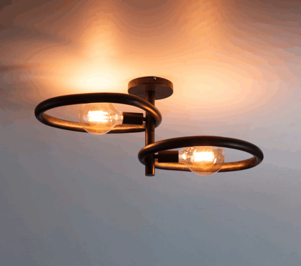 Plafonnier en metal noir au style industriel avec deux ampoules à filament