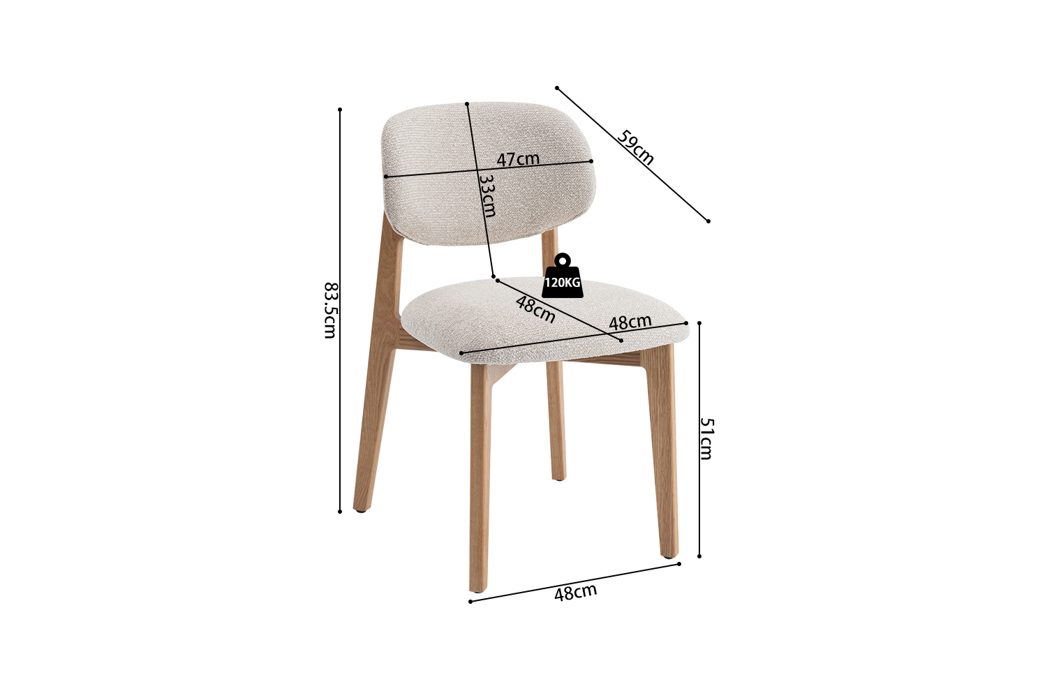 Chaise CARMEN avec structure en chêne massif et assise. Dossier en tissu blanc crème.