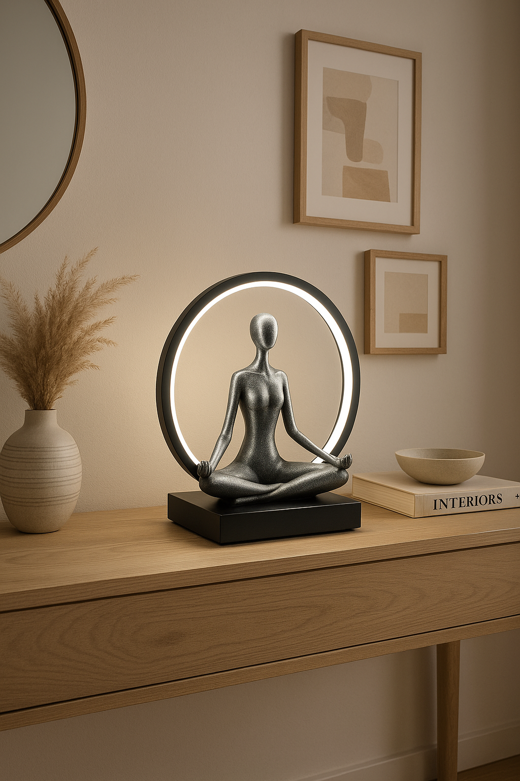 Lampe avec celle led blanc. Femme qui médite