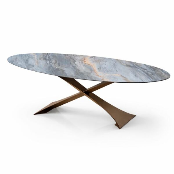 Table VIK avec pied en métal laqué bronze et plateau en céramique. large choix de céramique.