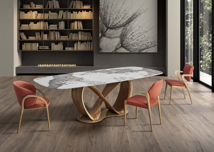 Table LIRA en céramique avec pied en forme infini. Plusieurs céramiques au choix, plusieurs dimensions : 220 cm ou 260 CM. Coloris du pied au choix : Noyer ou noir