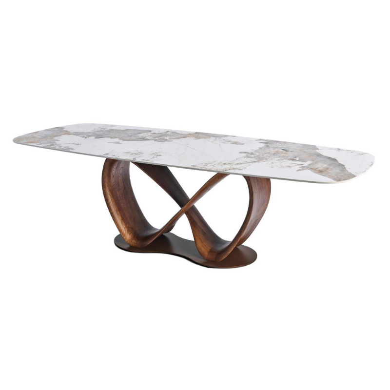 Table LIRA en céramique avec pied en forme infini. Plusieurs céramiques au choix, plusieurs dimensions : 220 cm ou 260 CM. Coloris du pied au choix : Noyer ou noir