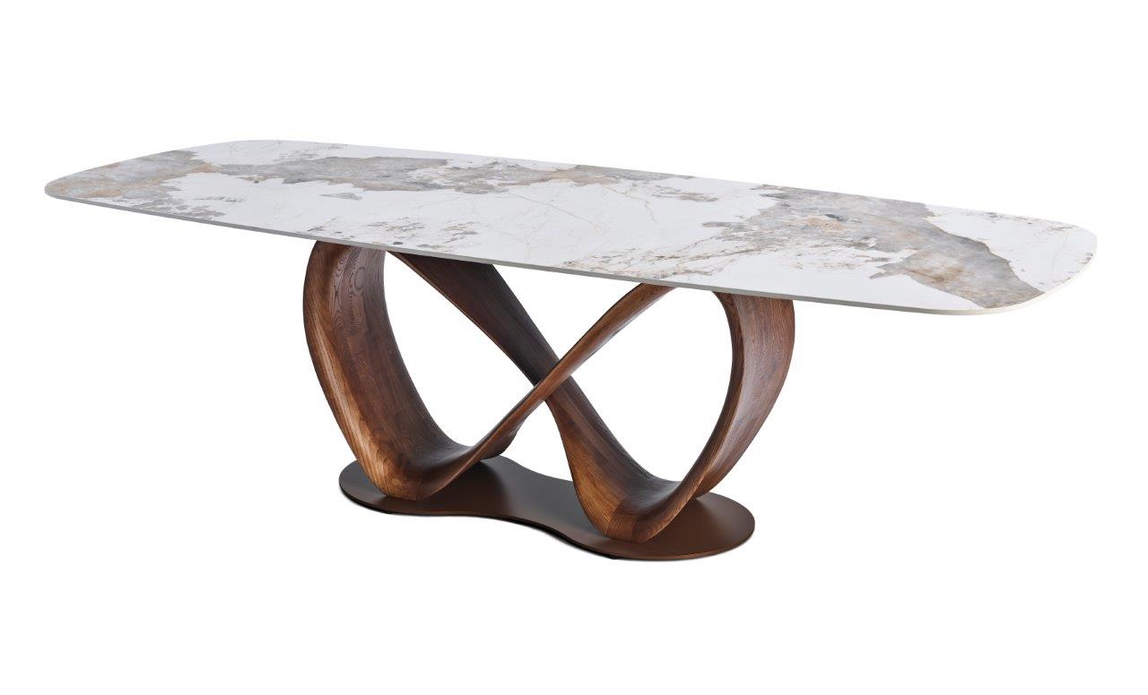 Table LIRA en céramique avec pied en forme infini. Plusieurs céramiques au choix, plusieurs dimensions : 220 cm ou 260 CM. Coloris du pied au choix : Noyer ou noir