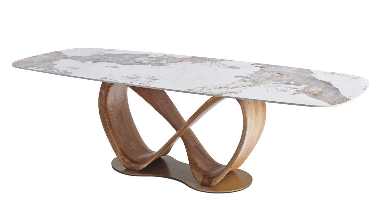 Table LIRA en céramique avec pied en forme infini. Plusieurs céramiques au choix, plusieurs dimensions : 220 cm ou 260 CM. Coloris du pied au choix : Noyer ou noir