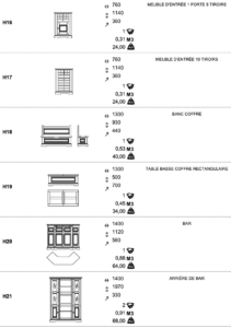 Liste des meubles disponibles dans la collection Honfleur. Dimensions, références, et descriptions figurent sur ces affiches.