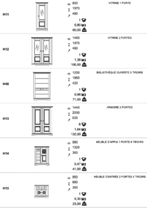 Liste des meubles disponibles dans la collection Honfleur. Dimensions, références, et descriptions figurent sur ces affiches.