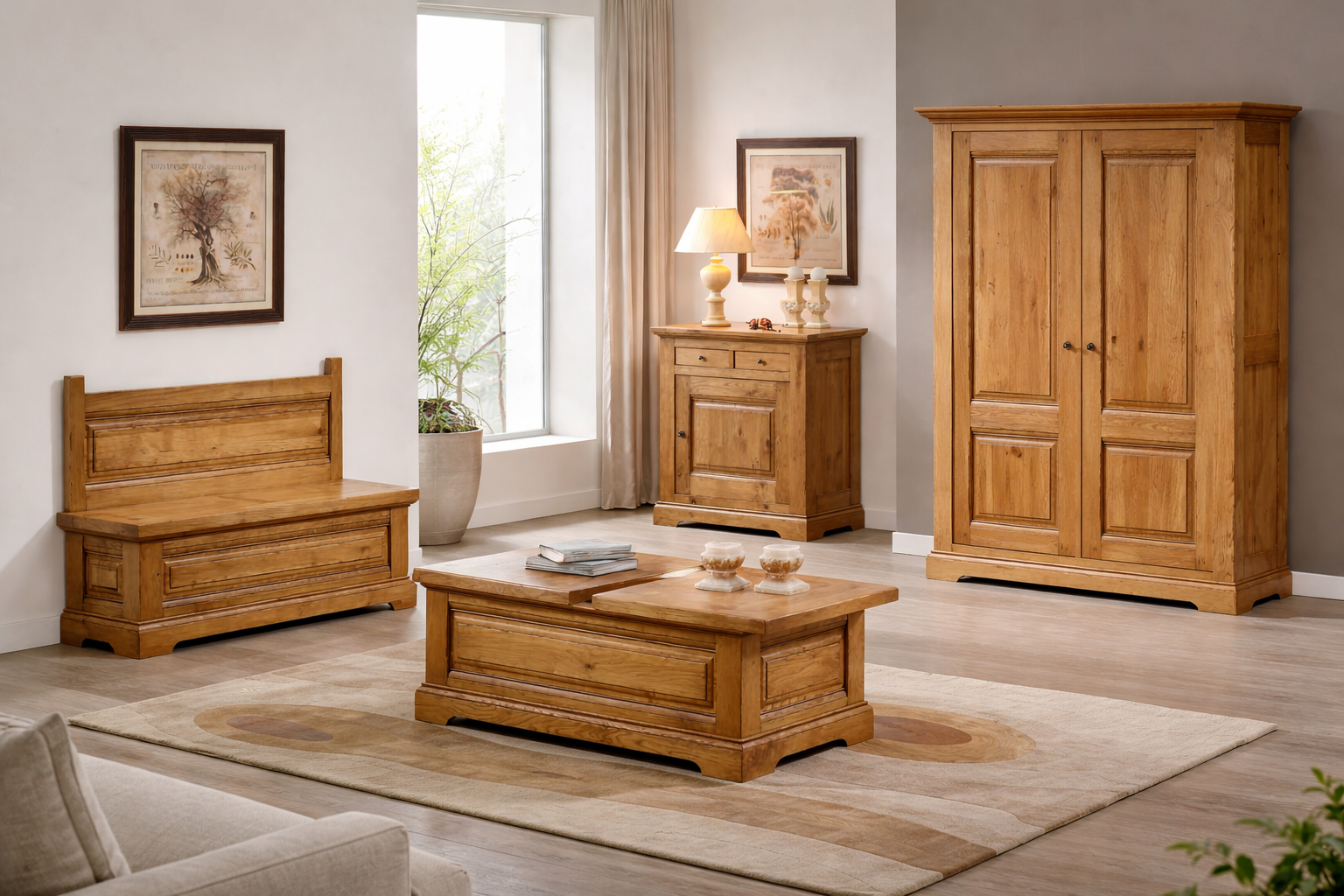 Salle à manger HONFLEUR fabriqué en 100% chêne massif. Teinte au choix. Large choix de meubles.