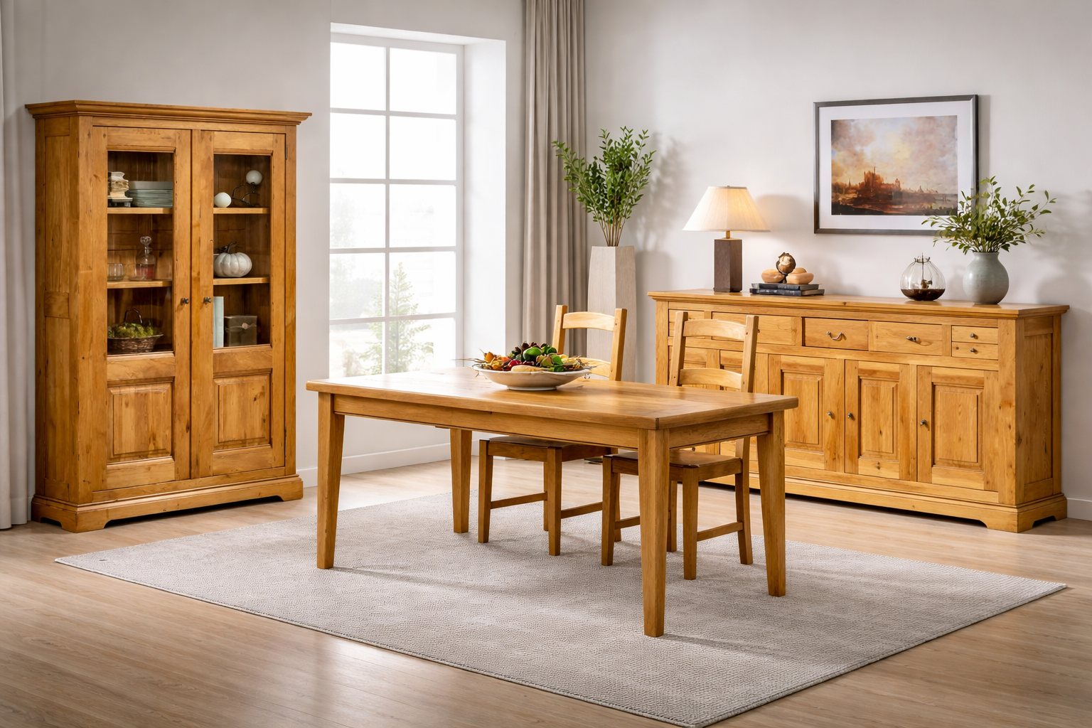 Salle à manger HONFLEUR fabriqué en 100% chêne massif. Teinte au choix. Large choix de meubles.