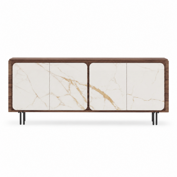 Buffet FIORE en noyer avec portes en céramique brillante blanche.