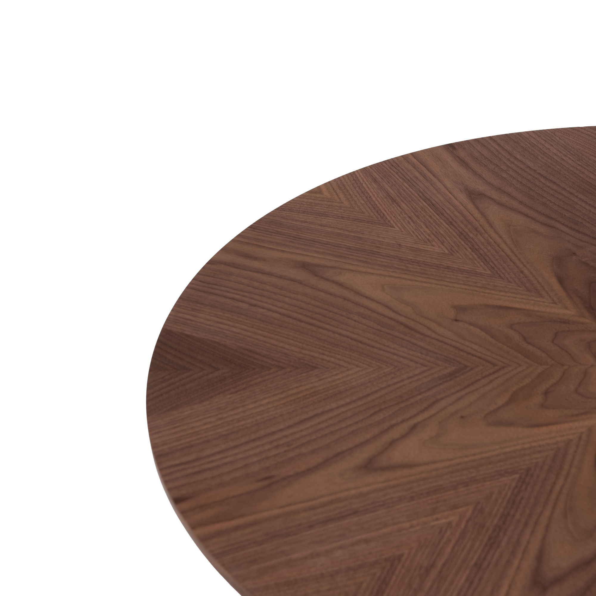 ZOOM sur la table basse en noyer avec piètement central structural, diamètre 80cm