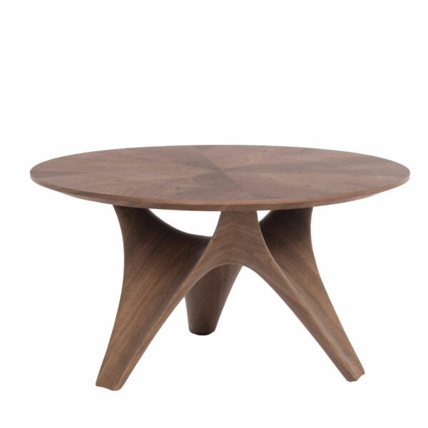 Table basse en noyer avec piètement central structural, diamètre 80cm