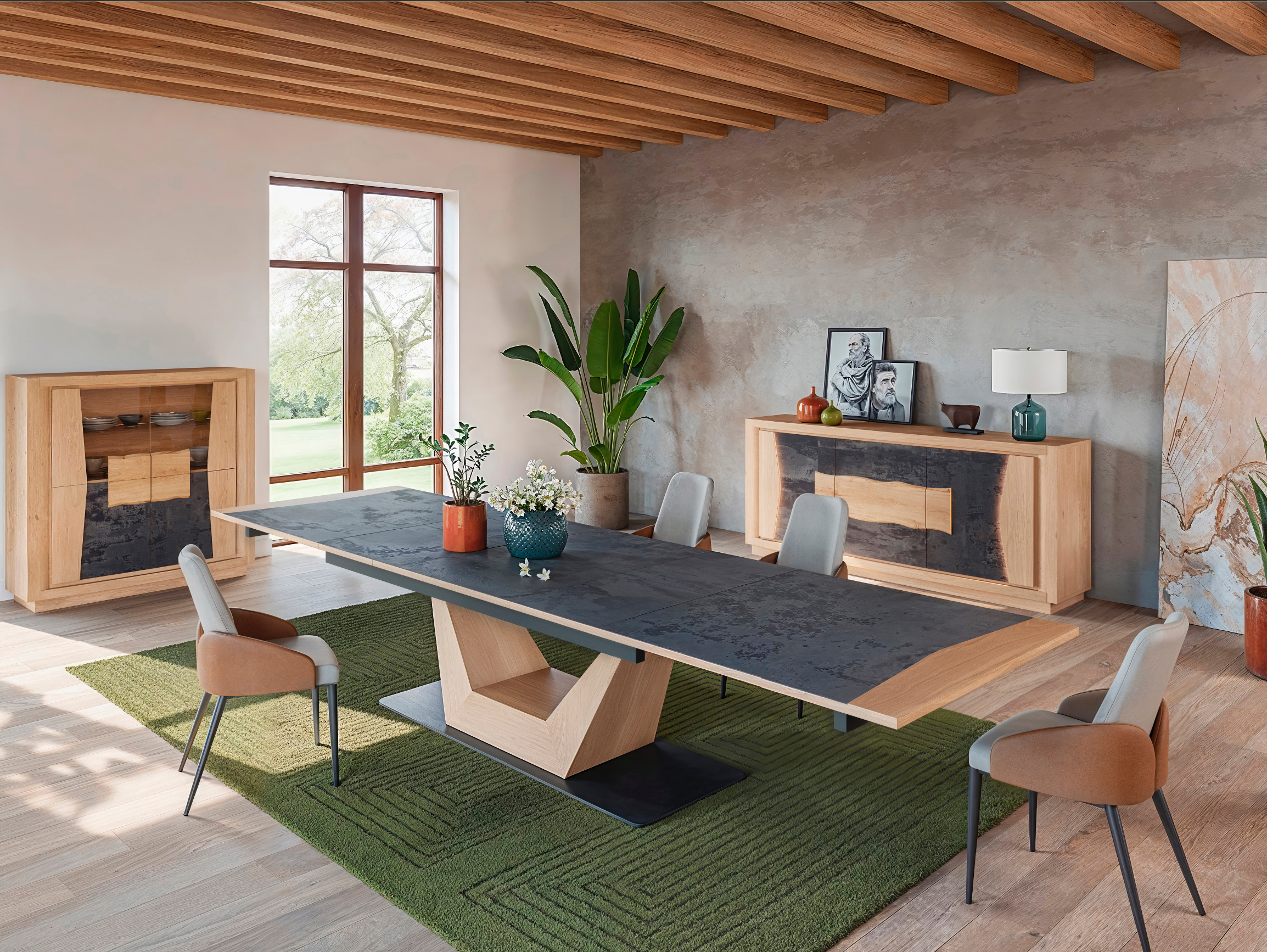 Bahut 3 portes CORTO en chêne et céramique / dekton mis en ambiance.